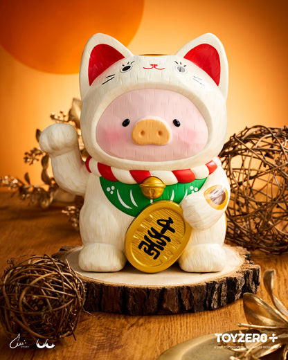 LuLu the Piggy - 18cm Wood-Carving Maneki Lu CALICO CAT