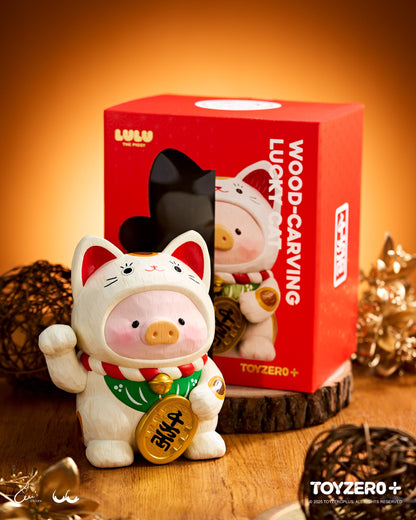 LuLu the Piggy - 18cm Wood-Carving Maneki Lu CALICO CAT