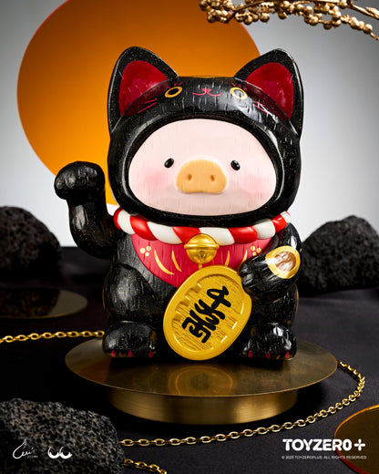 LuLu the Piggy - 18cm Wood-Carving Maneki Lu BLACK CAT