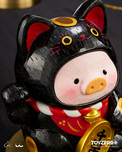 LuLu the Piggy - 18cm Wood-Carving Maneki Lu BLACK CAT