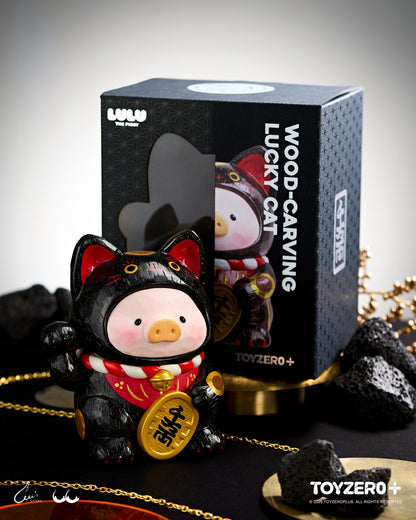 LuLu the Piggy - 18cm Wood-Carving Maneki Lu BLACK CAT