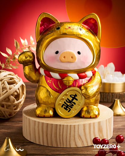 LuLu the Piggy - 18cm Wood-Carving Maneki Lu GOLDEN CAT